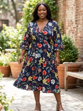 Floral Plus Size 18W Midi Dress Navy Blue Faux Wrap Bell Sleeve Wedding Guest 18